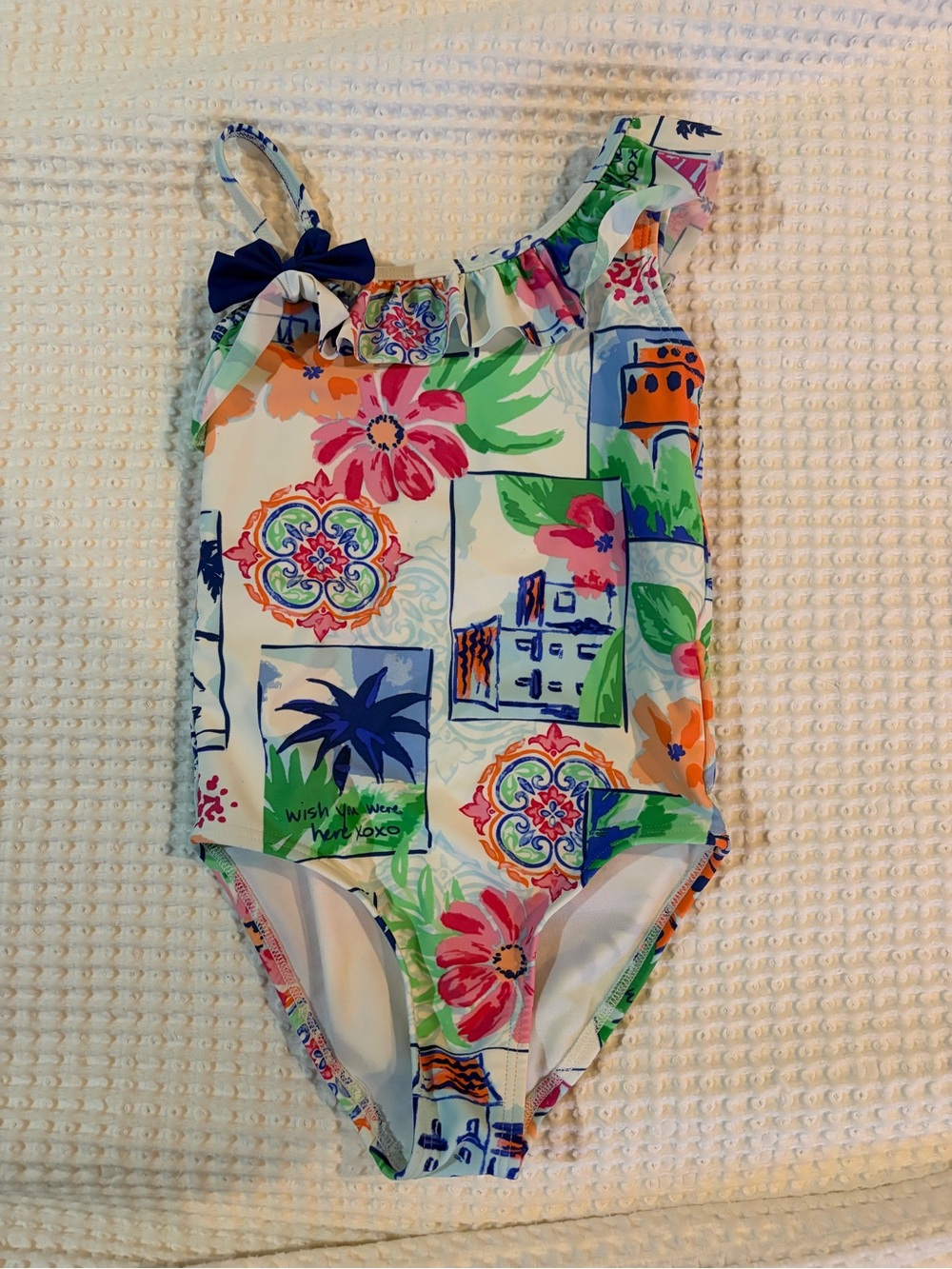 Girls One-Shoulder Floral Tile Print Swimsuit - Multicolor